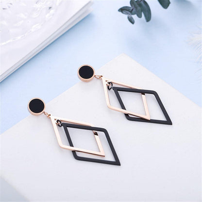 Black Acrylic & Rose Goldtone Rhombus Drop Earrings