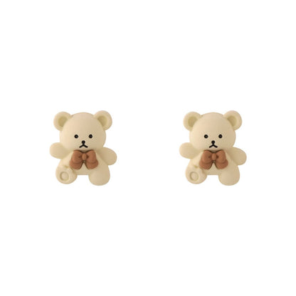 Beige & Silvertone Bear Stud Earrings