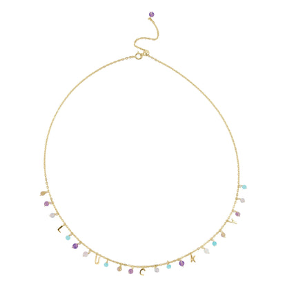 Gold Over Sterling Silver Natural Amazonite, Labradorite, Red Tourmaline, Orange Moonstone, Pink Opal and Amethyst Lucky Necklace 18"