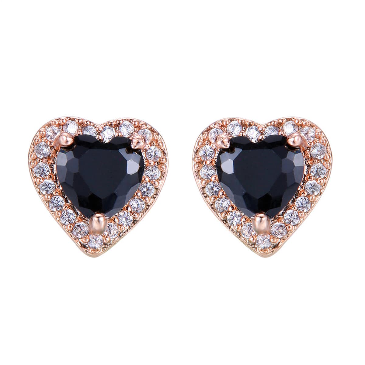 Black Crystal & Cubic Zirconia Rose Goldtone Halo Heart Stud Earrings