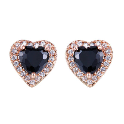 Black Crystal & Cubic Zirconia Rose Goldtone Halo Heart Stud Earrings