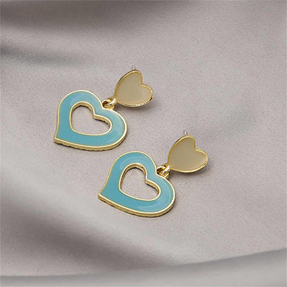 Aqua Enamel & Goldtone Open Heart Drop Earrings