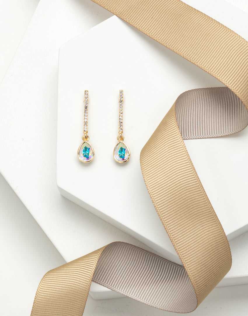 Gold Aurora Borealis Swarovski Crystal Earrings – Pave Crystal Bar Teardrop Earrings