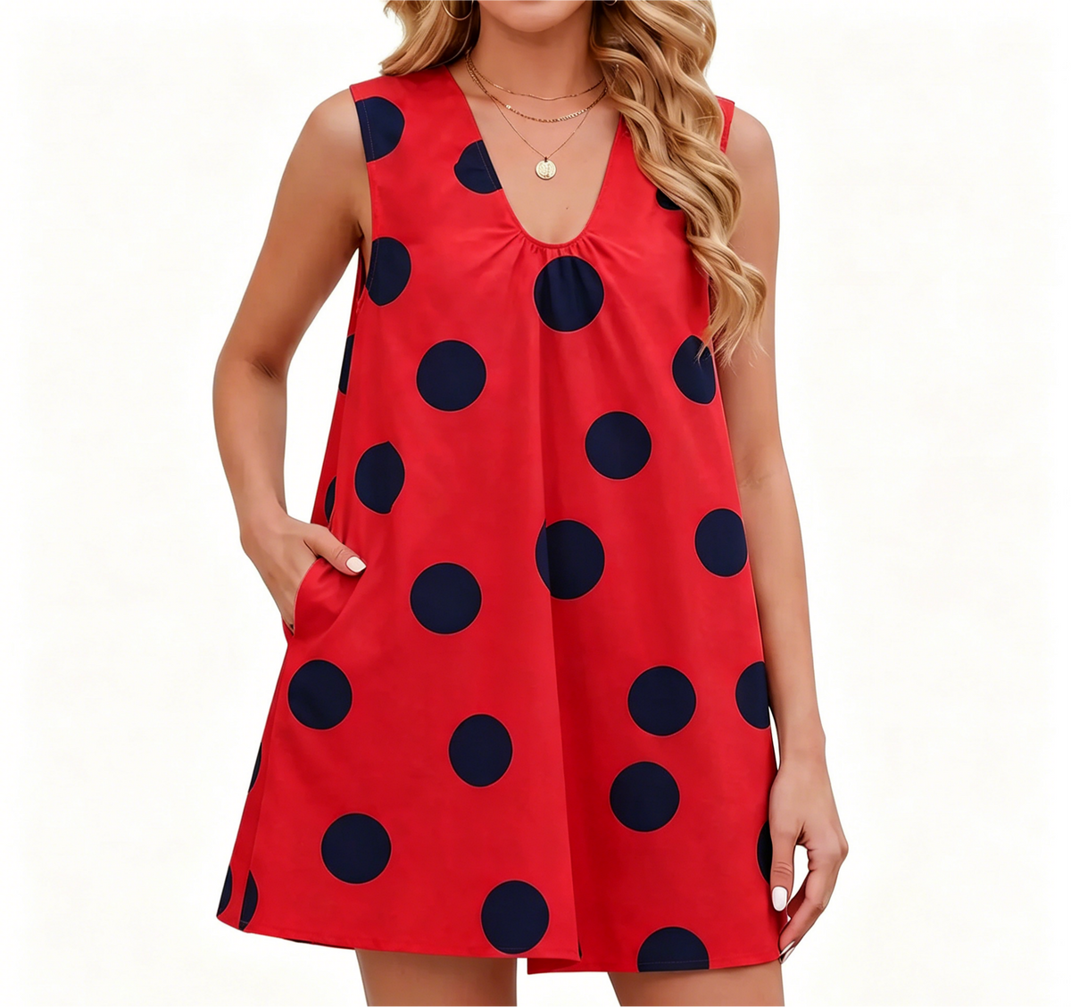 Sleeveless Polka Dot V Neck Shift Mini Dress