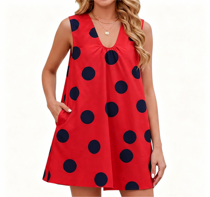Sleeveless Polka Dot V Neck Shift Mini Dress