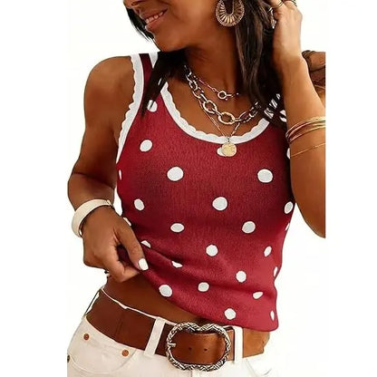 Scallop Trim Polka Dot Knit Tank Top