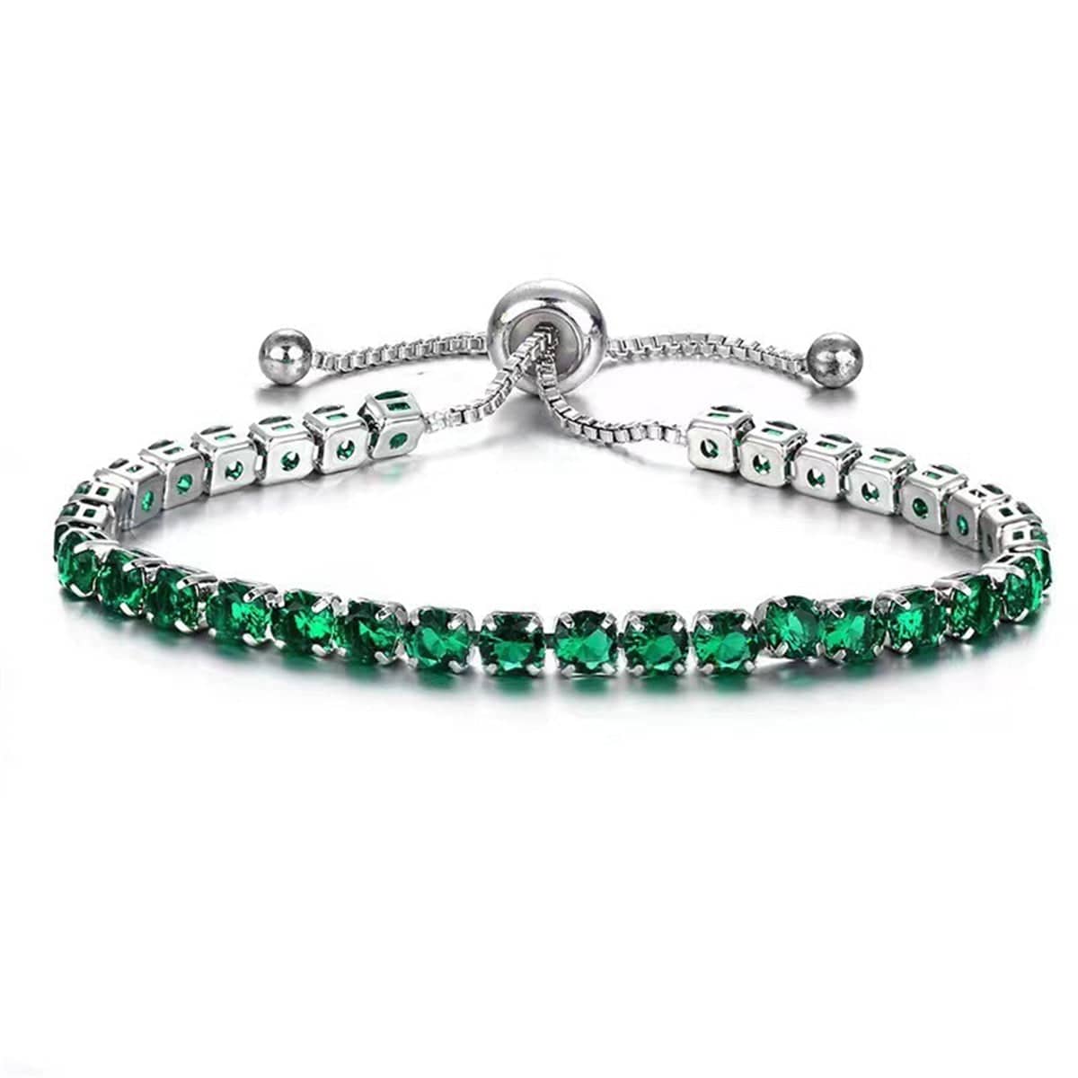 Green Cubic Zirconia & Silvertone Adjustable Link Bracelet