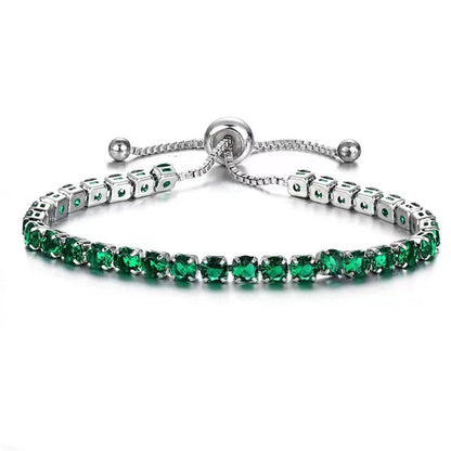 Green Cubic Zirconia & Silvertone Adjustable Link Bracelet