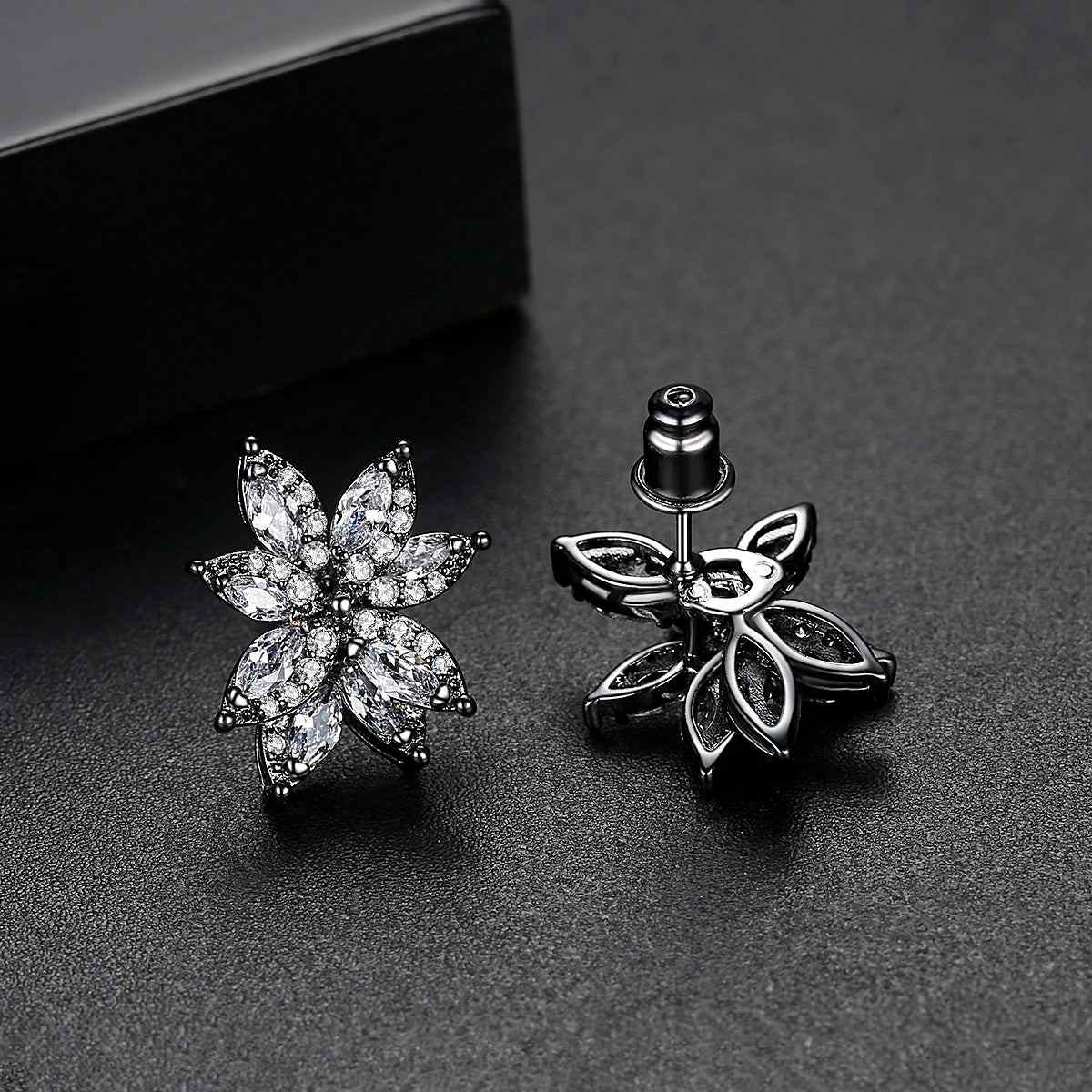 Black Crystal & Cubic Zirconia Flower Stud Earrings
