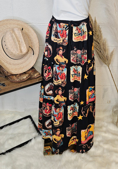 Baha Ranch Vintage Cowgirl Collage Western Tiered Prairie Maxi Skirt