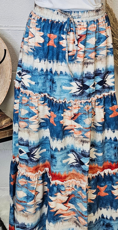 Baha Ranch Blue Aztec Western Prairie Tiered Maxi Skirt