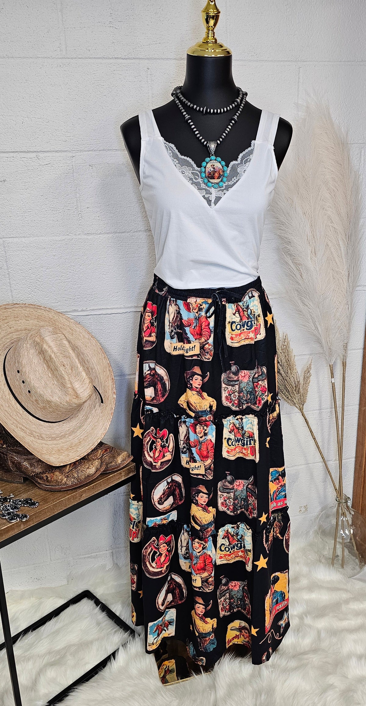 Baha Ranch Vintage Cowgirl Collage Western Tiered Prairie Maxi Skirt