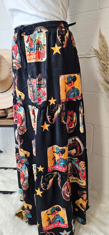 Baha Ranch Vintage Cowgirl Collage Western Tiered Prairie Maxi Skirt
