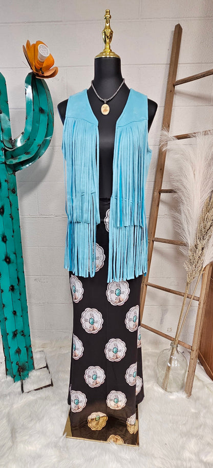 Baha Ranch Turquoise Silver Concho Maxi Skirt