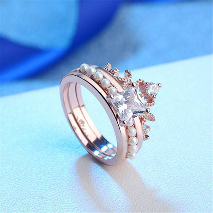 Crystal & Pearl Rose Goldtone Princess-Cut Ring & Band
