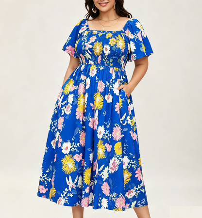 Floral Square Neck Midi Dress with Pockets