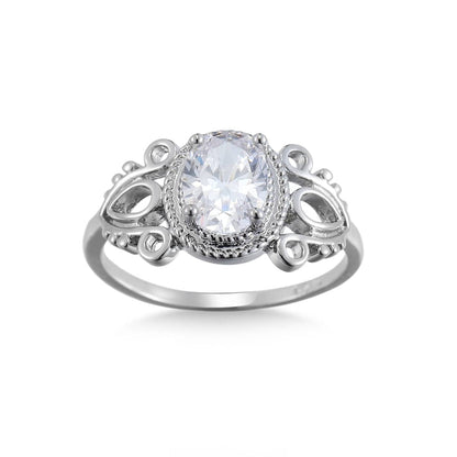 Crystal & Silvertone Openwork Milgrain Oval-Cut Ring