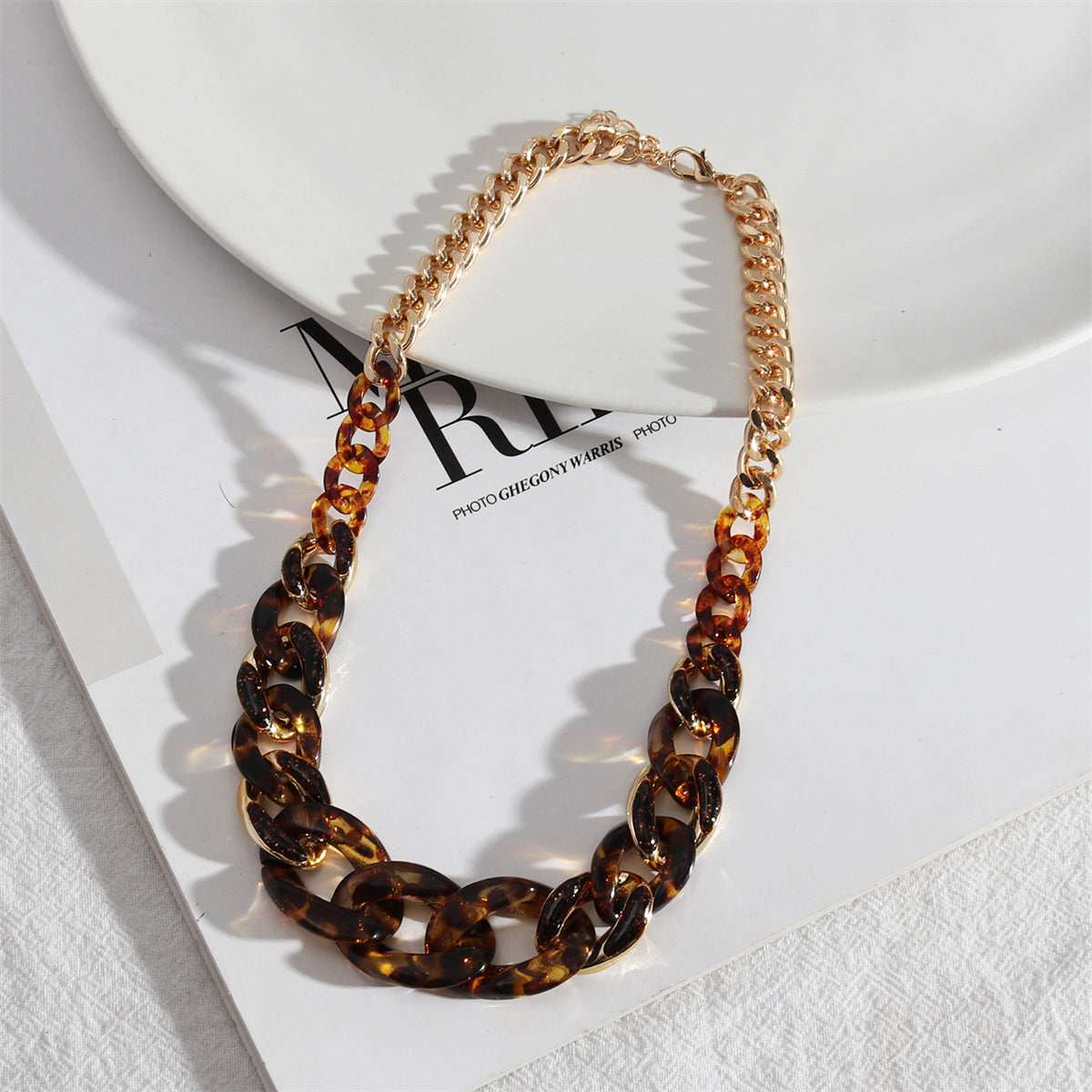 Amber Resin & Goldtone Curb Chain Necklace