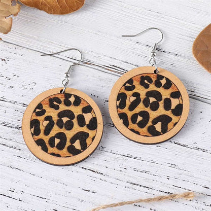 Beige & Silvertone Leopard Round Drop Earrings