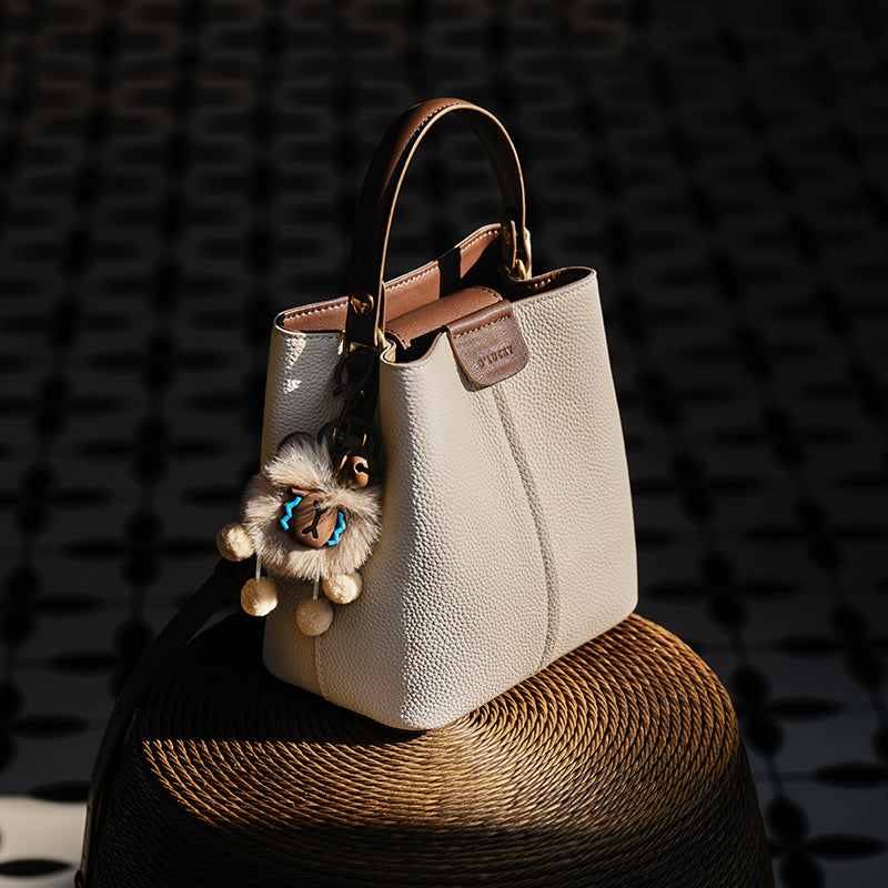 Colorblock Leather Bucket Shoulder Bag