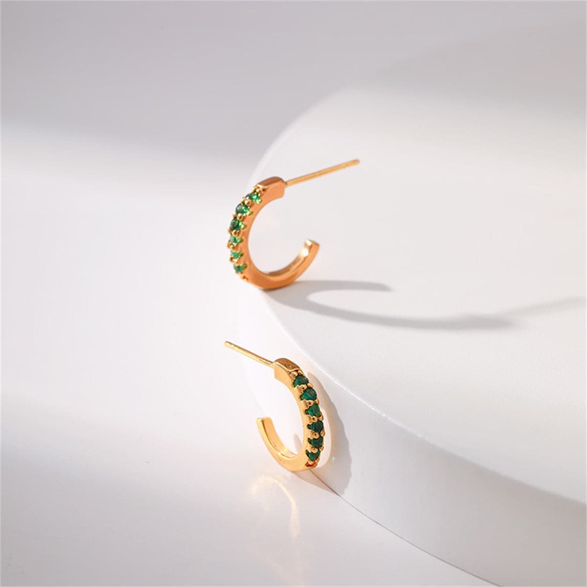 Green Cubic Zirconia & Goldtone Huggie Earrings