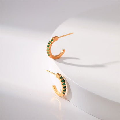 Green Cubic Zirconia & Goldtone Huggie Earrings