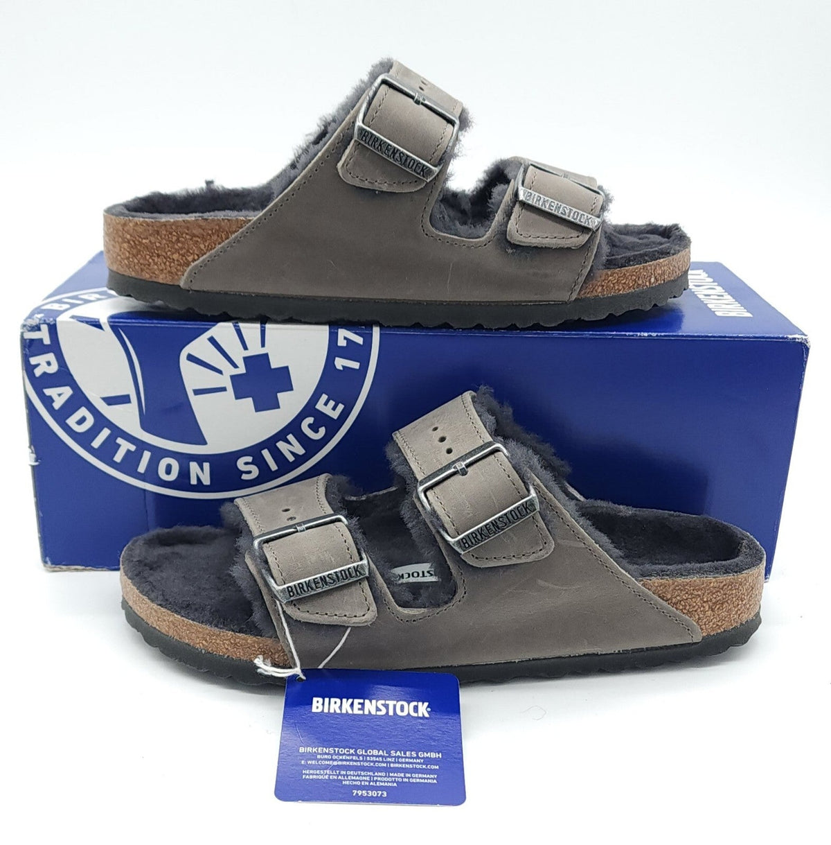 Birkenstock Arizona Black Shearling Waxy Leather Sandals Regular