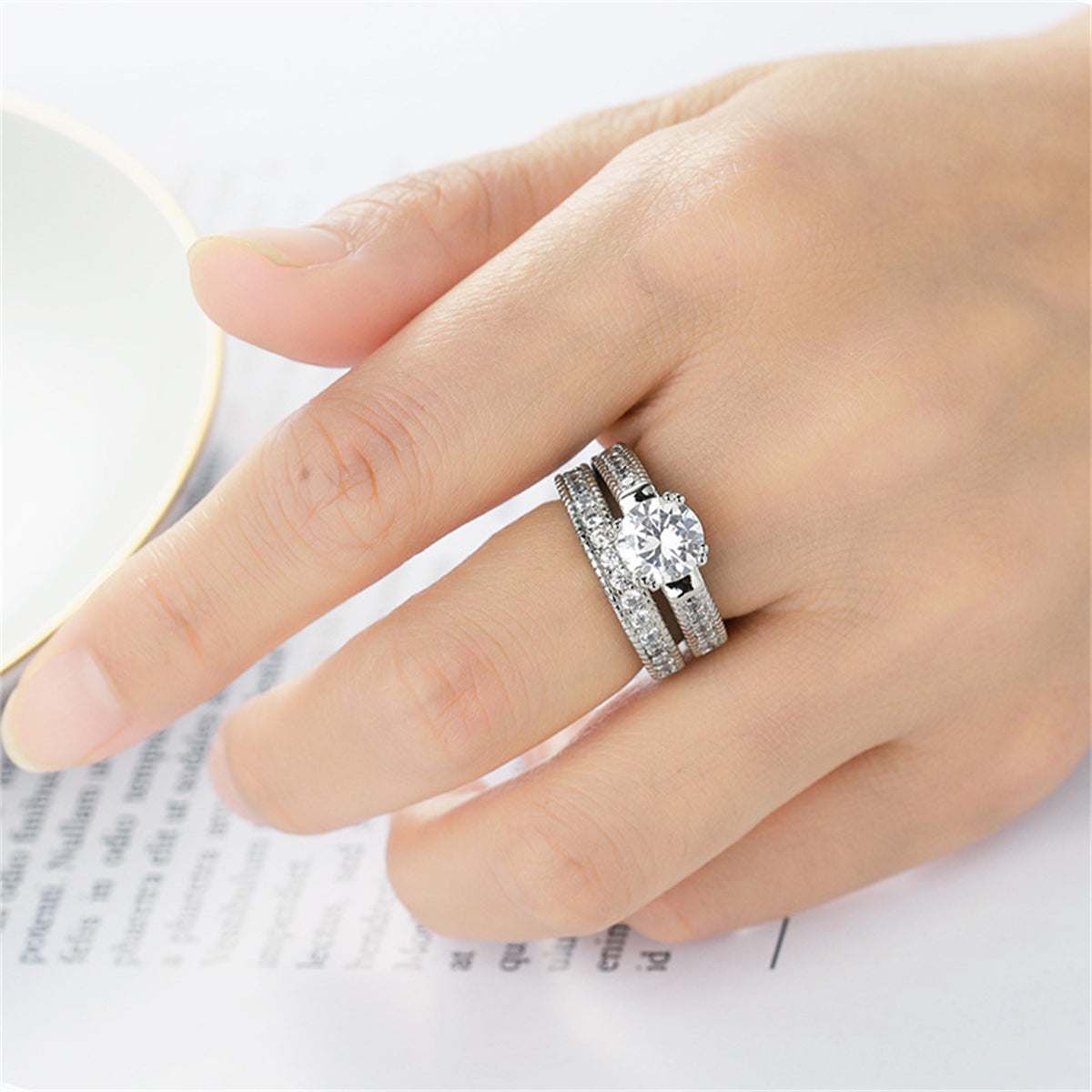 Crystal & Cubic Zirconia Silvertone  Round Ring & Pavé Band