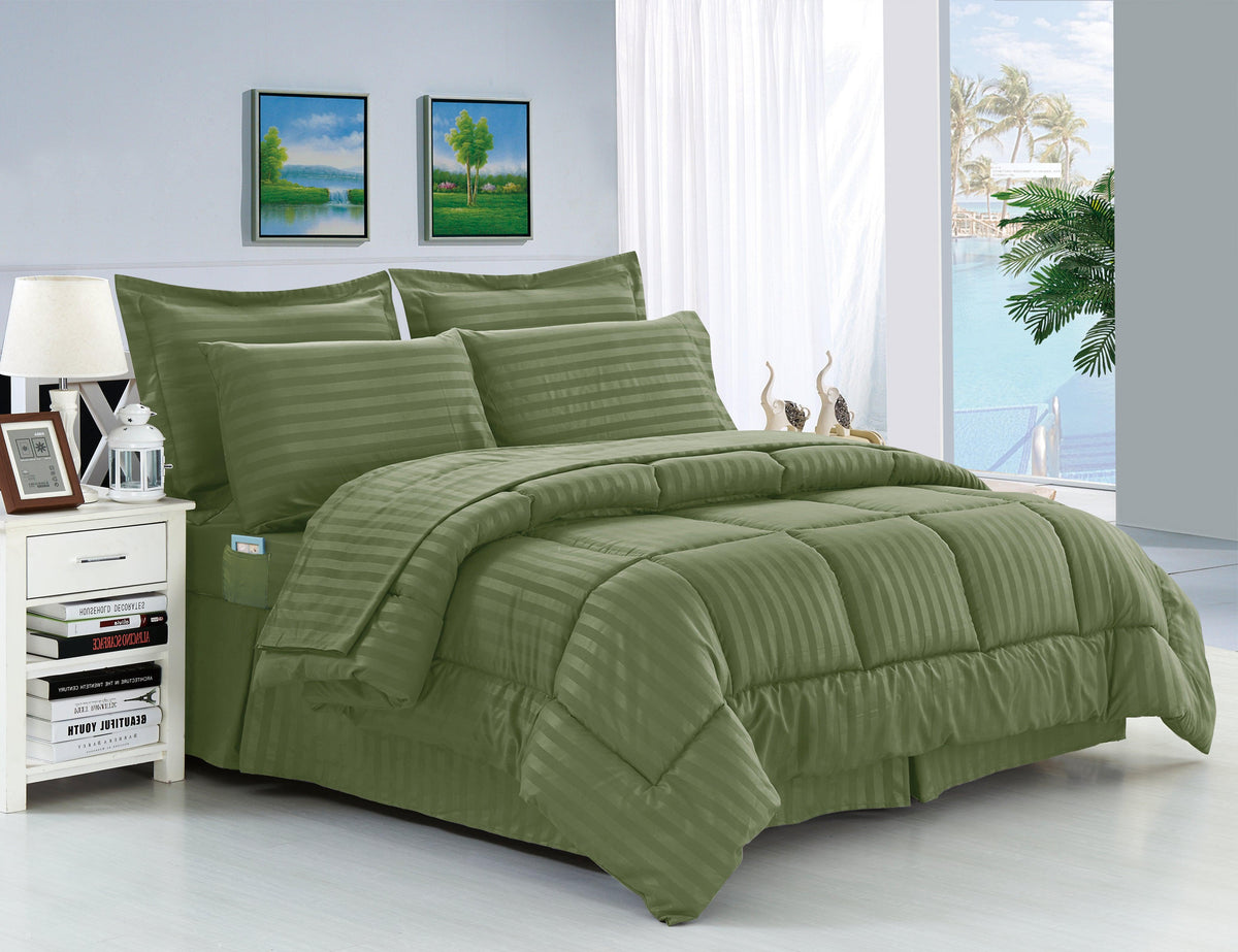 Elegant Comfort 8-Piece Dobby Stripe Comforter Set - Includes 4-Piece Sheet Set with Double Sided Storage Pockets