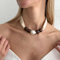 Beige Polyster & Wood Pearl Silvertone Ball Collar Necklace