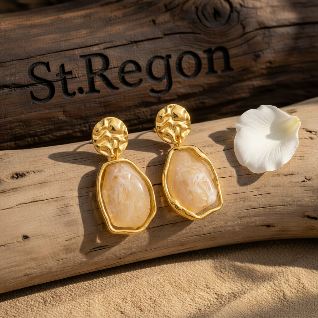 Beige Resin & Goldtone Hammered Stacked Irregular Dangle Earrings
