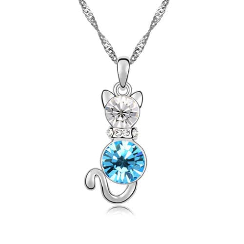 Aqua Swarovski Crystal Necklace – Aqua Silvertone Cat Pendant Necklace With Swarovksi Crystals