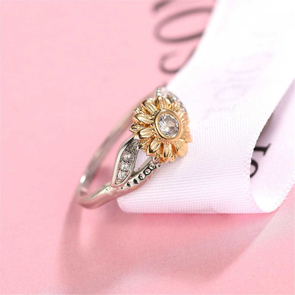 Cubic Zirconia & Two-Tone Sunflower Band Ring