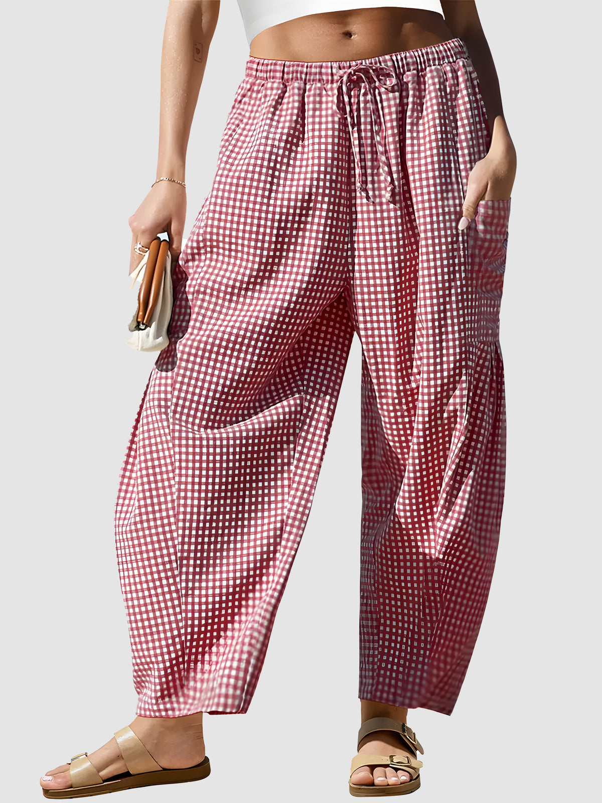Gingham Drawstring Barrel Wide Leg Pants