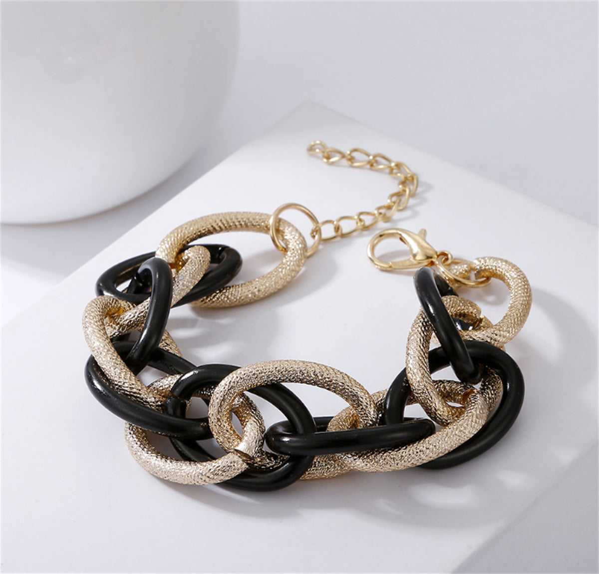 Black Acrylic & Goldtone Diamond-Cut Crossing Chain Bracelet