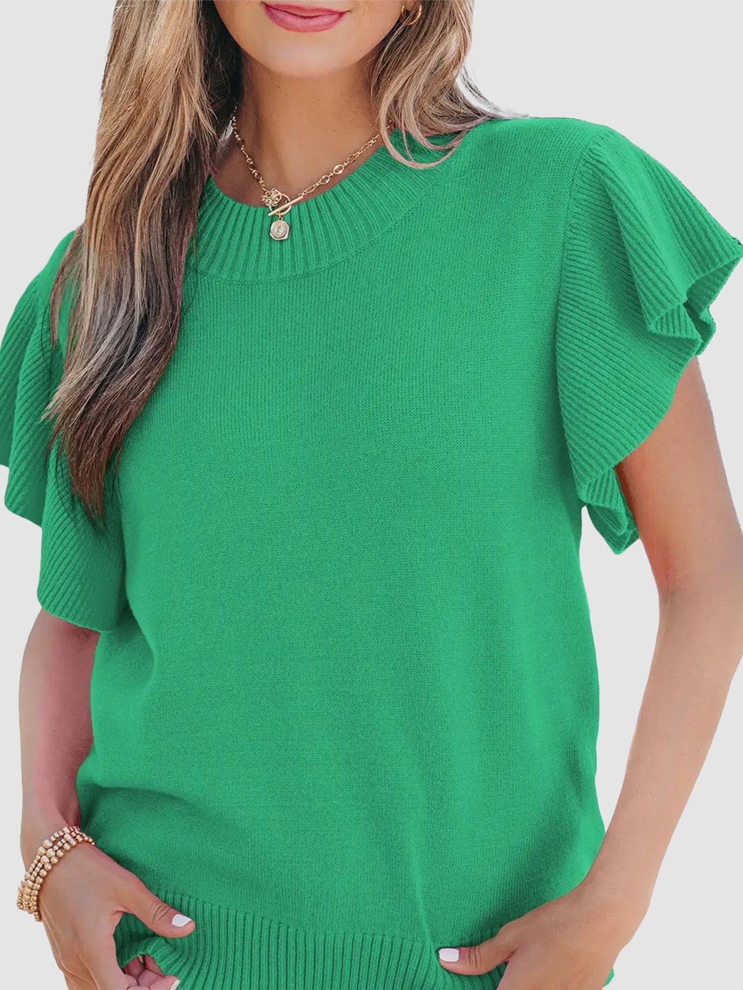 Ribbed Crew Neck Double Layer Flutter Ruffle Sleeve Knit Tee