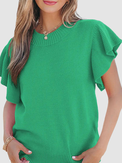 Ribbed Crew Neck Double Layer Flutter Ruffle Sleeve Knit Tee