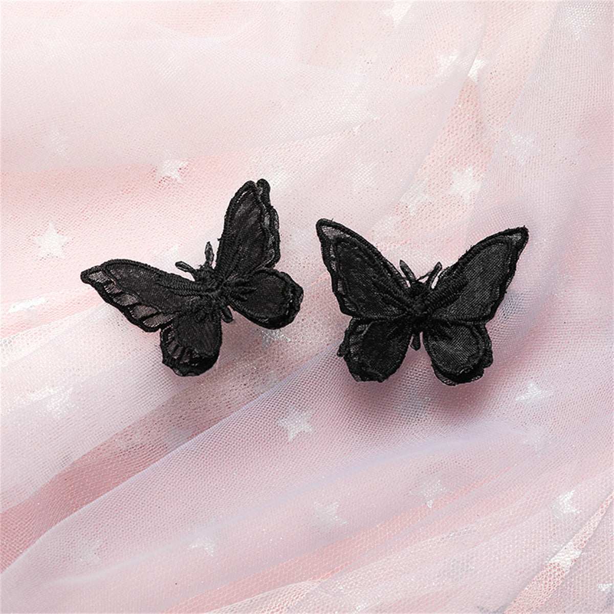 Black & Silvertone Embroidery Butterfly Stud Earrings