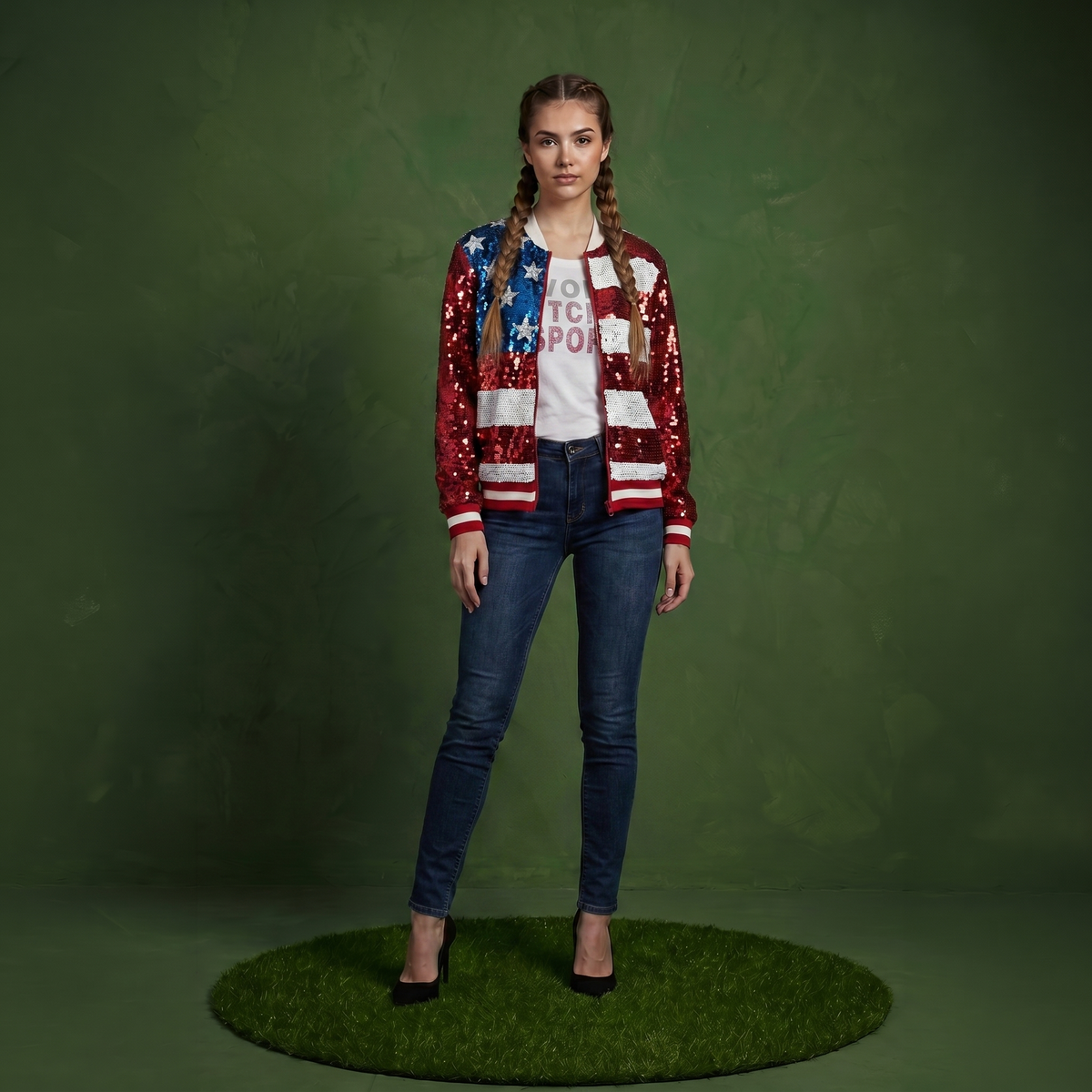 Sequin American Flag Bomber Zip-Up Jacket Flag