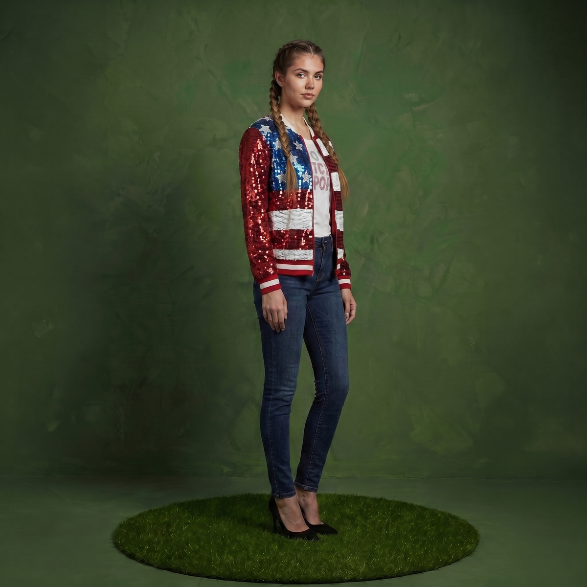 Sequin American Flag Bomber Zip-Up Jacket Flag