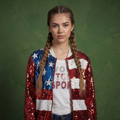 Sequin American Flag Bomber Zip-Up Jacket Flag