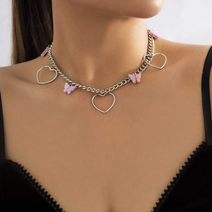 Acrylic & Silvertone Butterfly Open Heart Choker Necklace