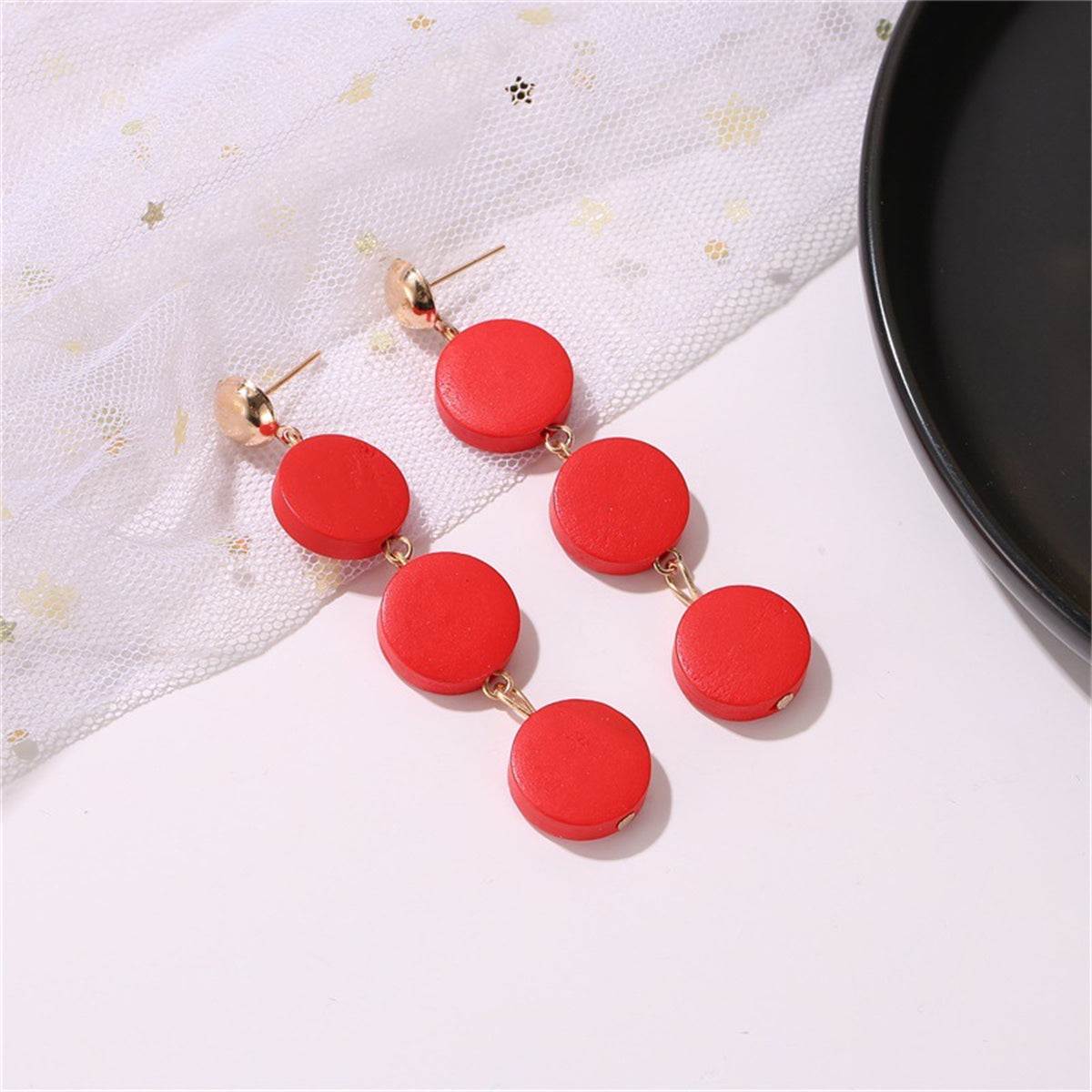 Red Wood & Goldtone Tiered Round Drop Earrings