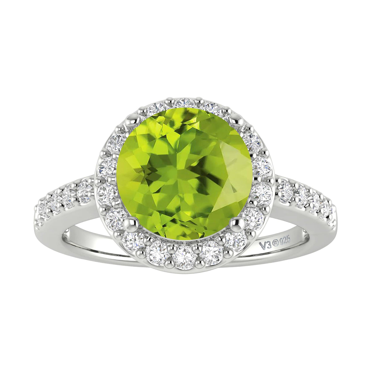2.65CT Natural Peridot and White Topaz Sterling Silver Halo Ring
