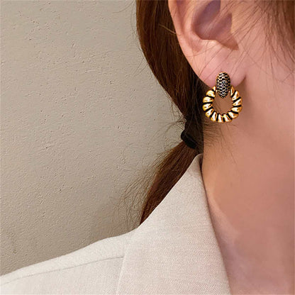 Black Cubic Zirconia & Goldtone Twisted Circle Earrings