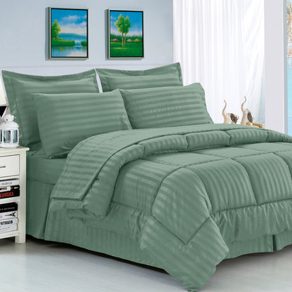 Elegant Comfort 8-Piece Dobby Stripe Comforter Set - Includes 4-Piece Sheet Set with Double Sided Storage Pockets