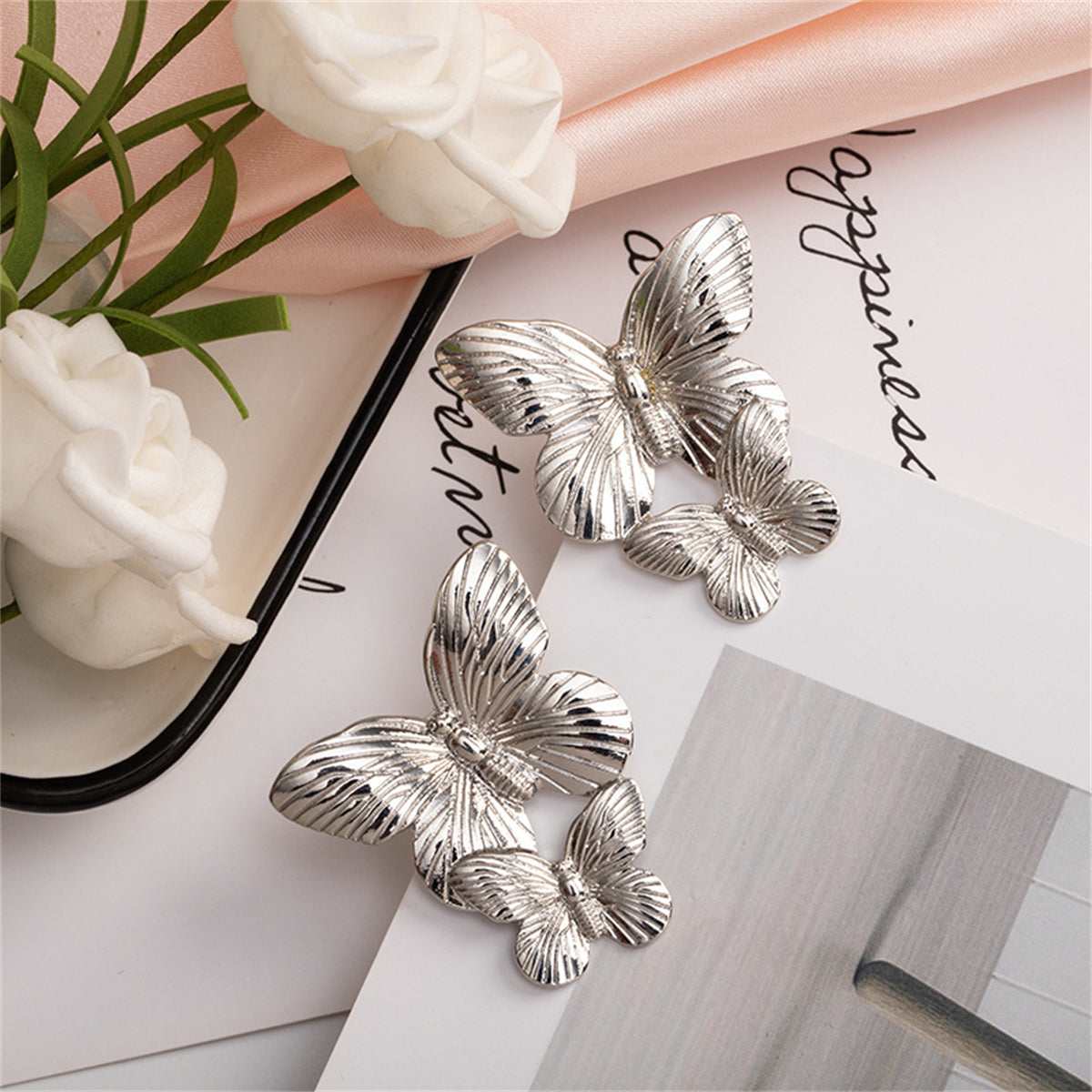 Silvertone Double-Butterfly Dangle Earrings
