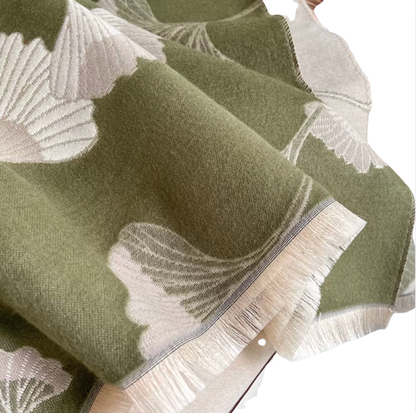 Ginkgo Moss Botanical Scarf Fringe-Trimmed Scarf