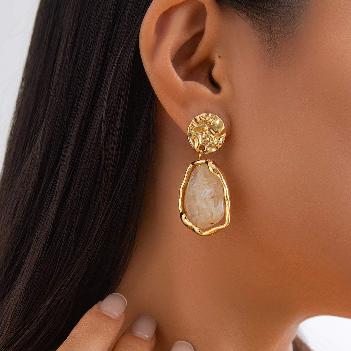 Beige Resin & Goldtone Hammered Stacked Irregular Dangle Earrings
