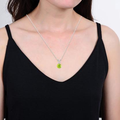 Sterling Silver Round Shape Natural Peridot Solitaire Pendant with 18"Cable Chain